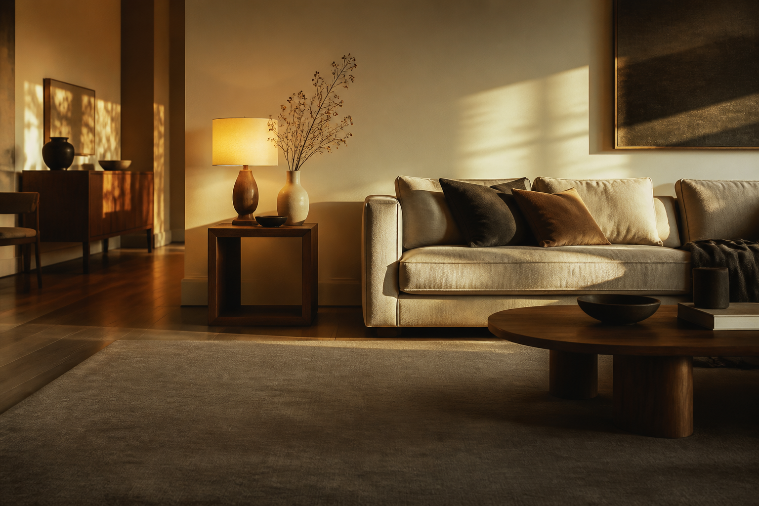 A warmly lit living room in late afternoon light, with a lamp, vase and low table